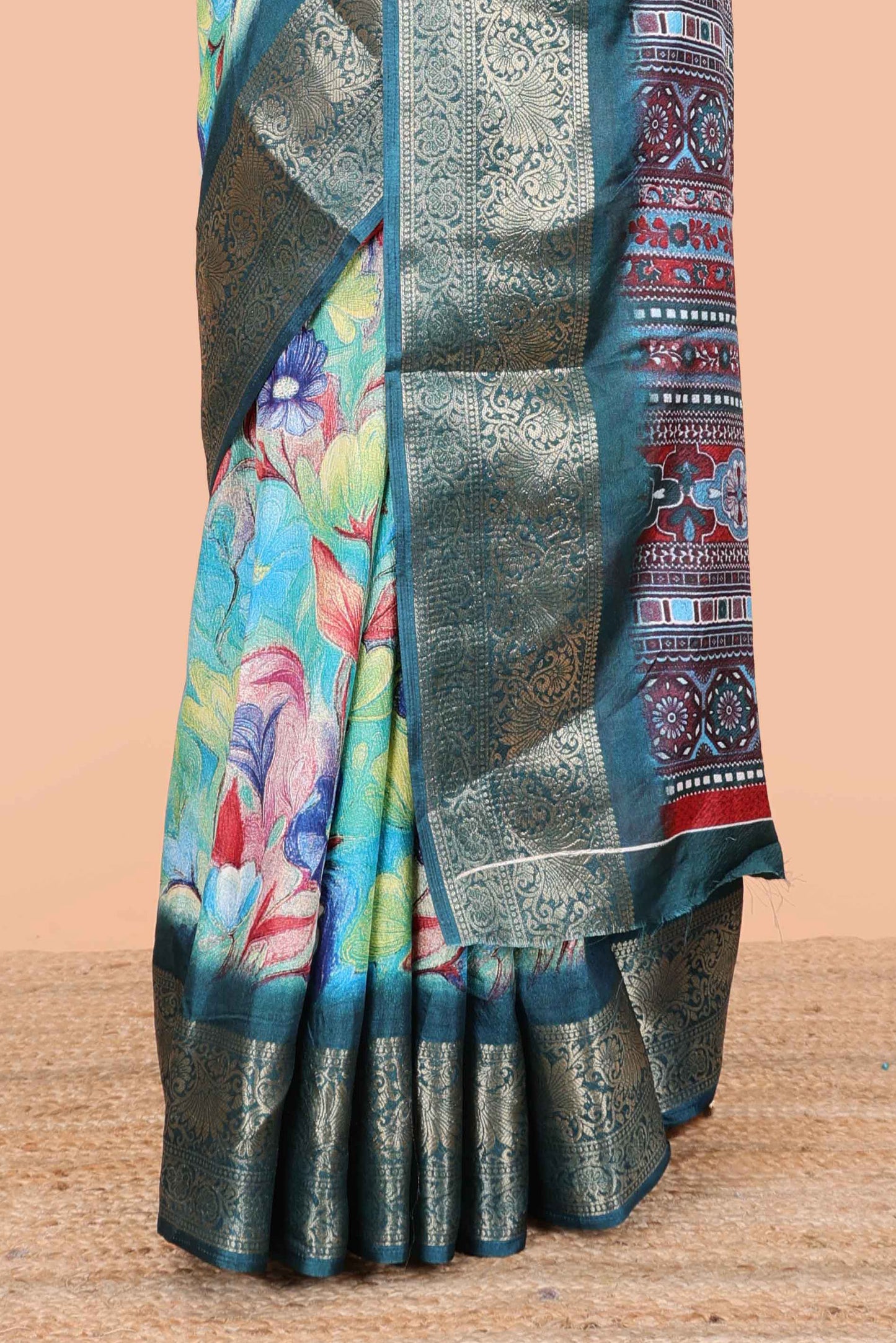 Multicolour moss chiffon floral print saree with contrast pallu and border