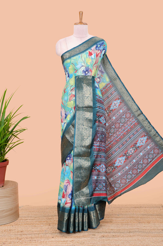 Multicolour moss chiffon floral print saree with contrast pallu and border
