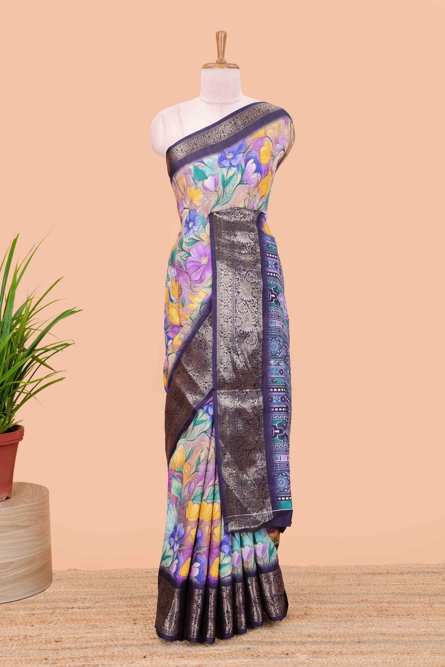Multicolour moss chiffon floral print saree with contrast pallu and border