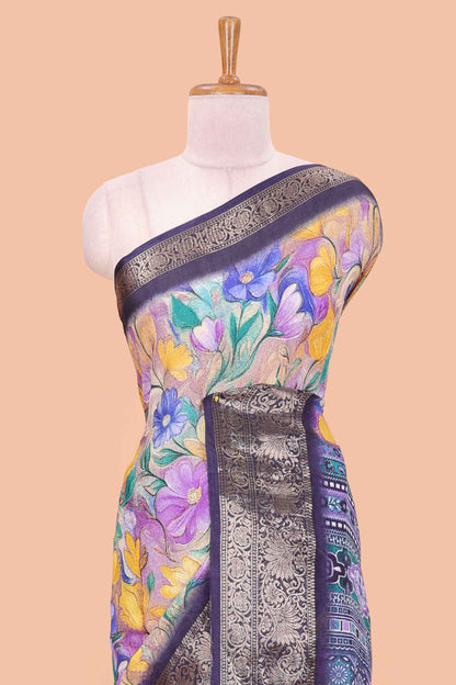 Multicolour moss chiffon floral print saree with contrast pallu and border