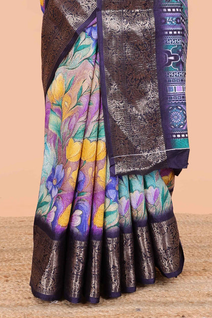 Multicolour moss chiffon floral print saree with contrast pallu and border