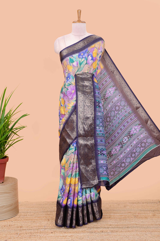 Multicolour moss chiffon floral print saree with contrast pallu and border