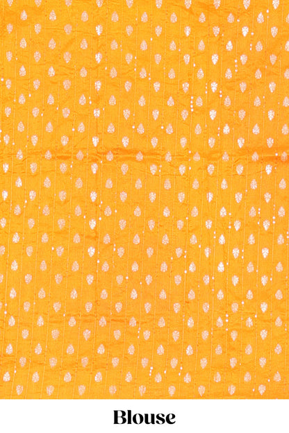 Green moss chiffon saree featuring bandhani design, zari border, contrast blouse and printed pallu