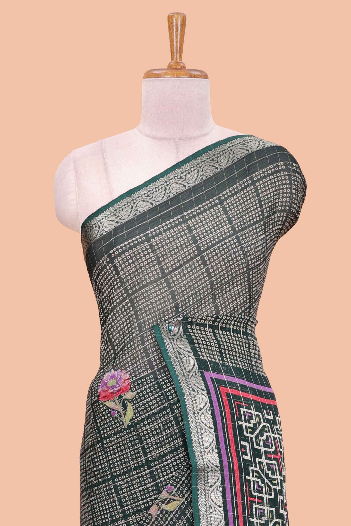 Green moss chiffon saree featuring bandhani design, zari border, contrast blouse and printed pallu