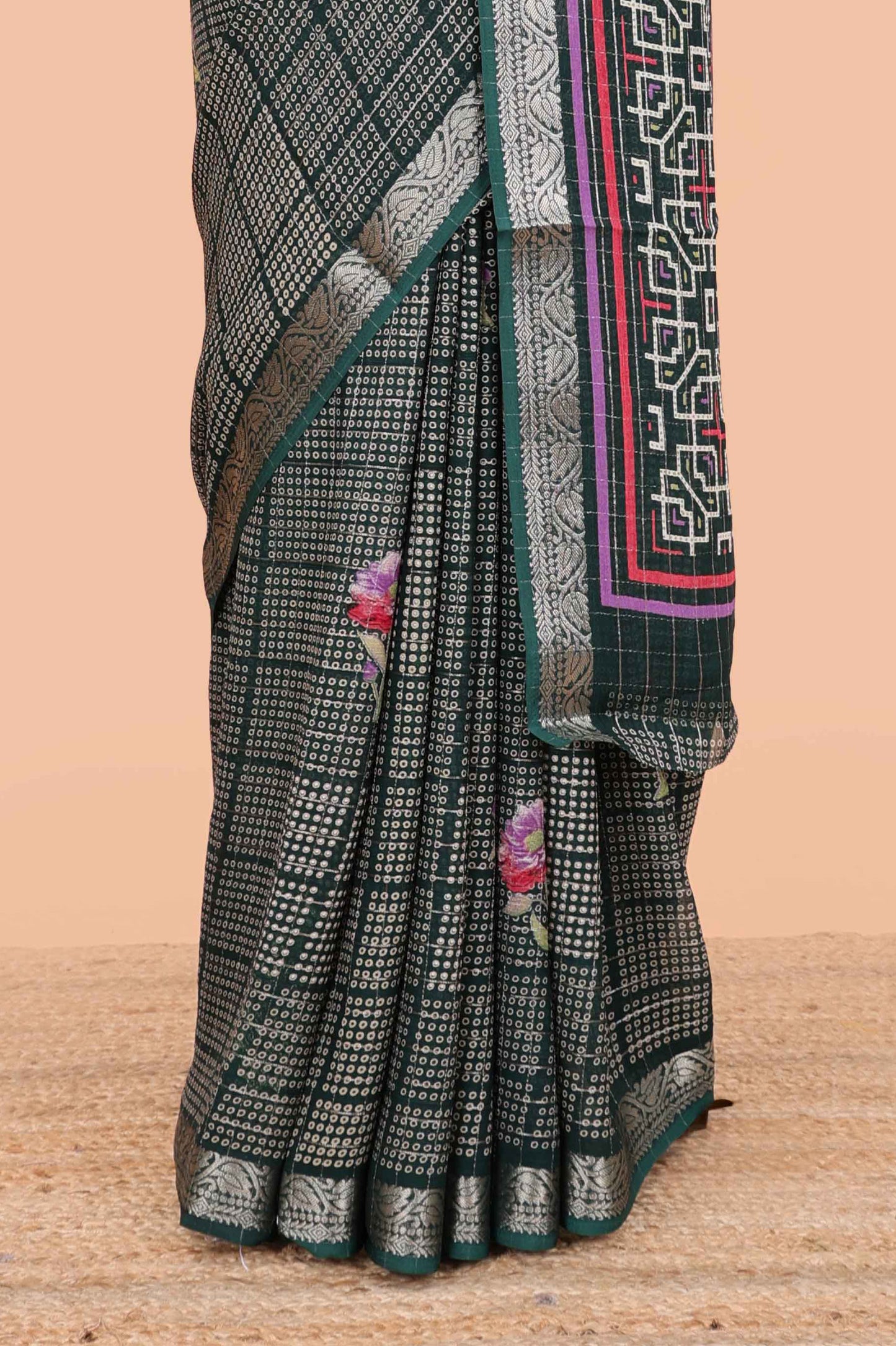 Green moss chiffon saree featuring bandhani design, zari border, contrast blouse and printed pallu