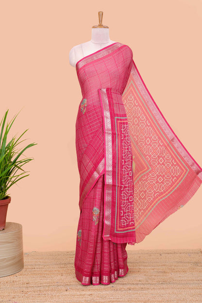 Pink moss chiffon saree featuring bandhani design, zari border, contrast blouse and printed pallu