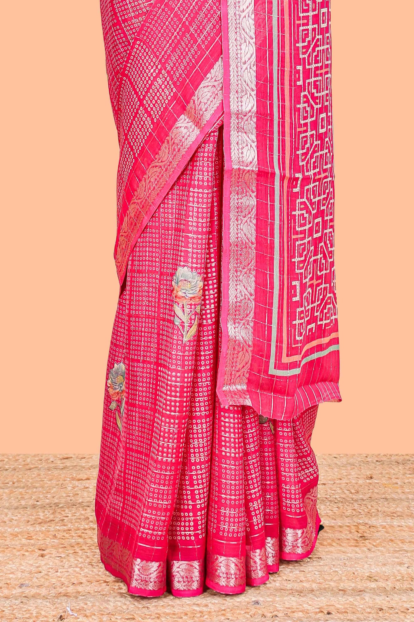 Pink moss chiffon saree featuring bandhani design, zari border, contrast blouse and printed pallu