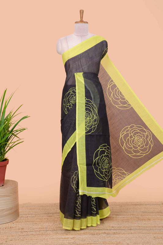 Black linen saree with pencil print, contrast border and Blouse