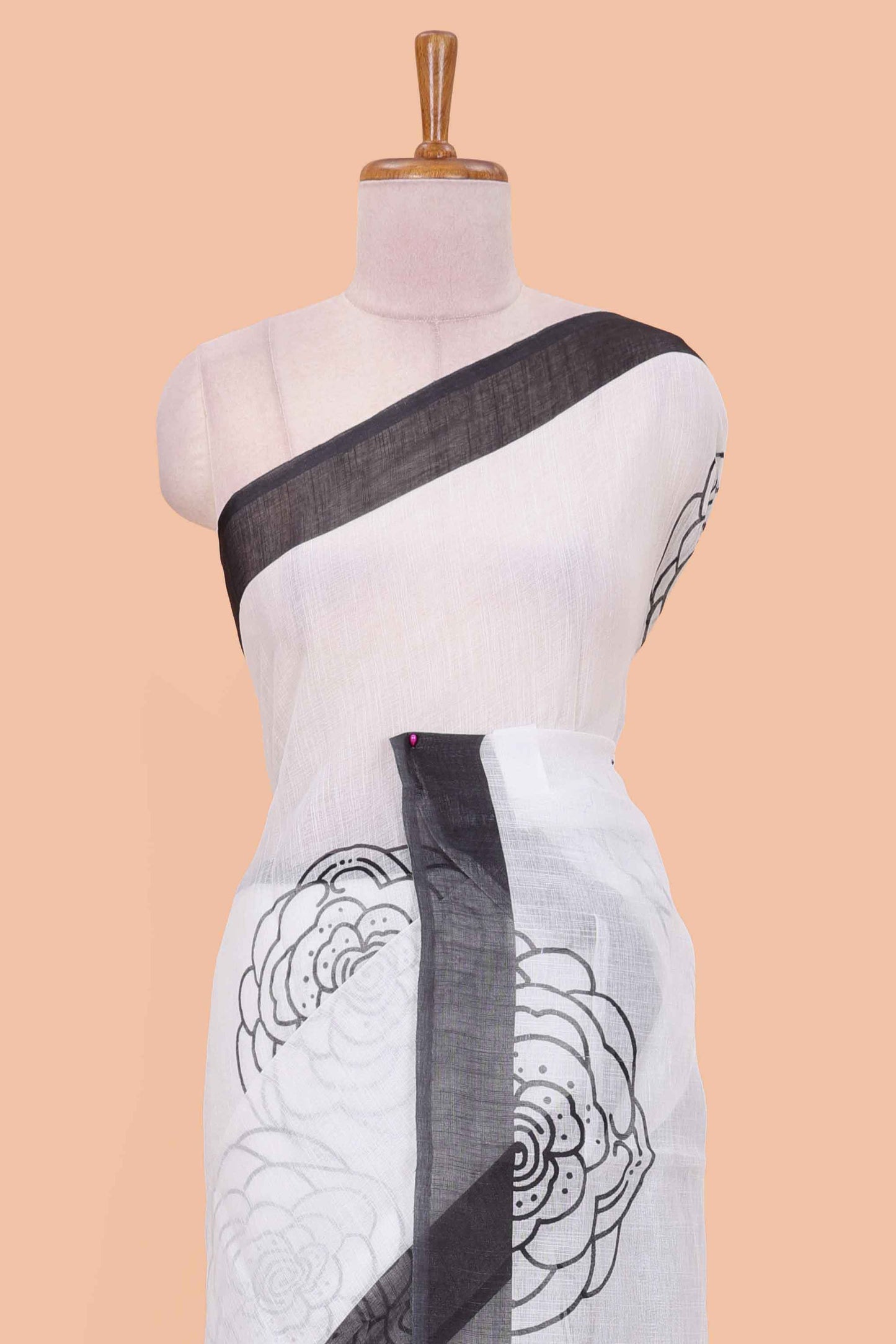 White linen saree with pencil print, contrast border and Blouse