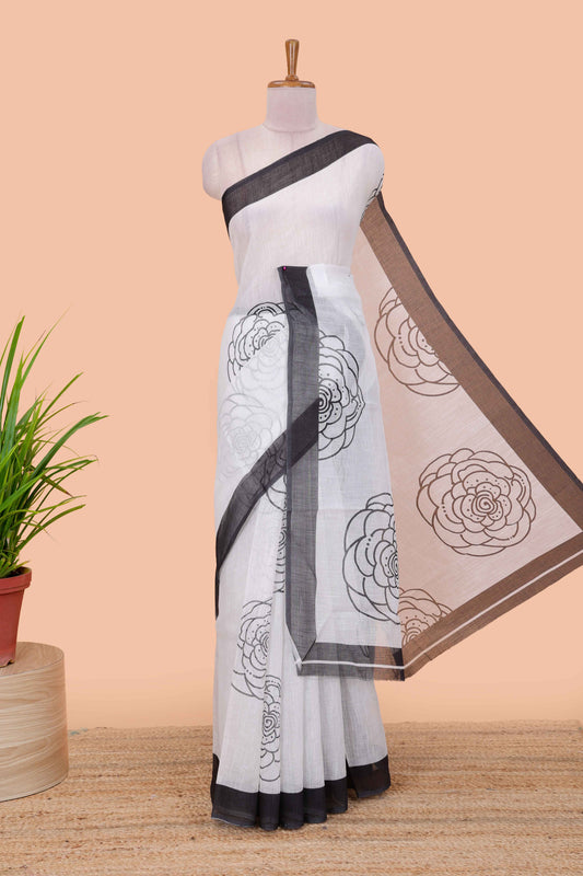 White linen saree with pencil print, contrast border and Blouse