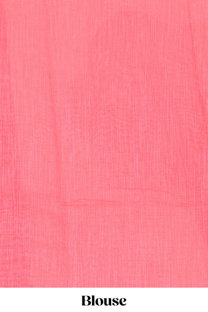 Borderless white linen cotton with pink floral print saree and contrast blouse