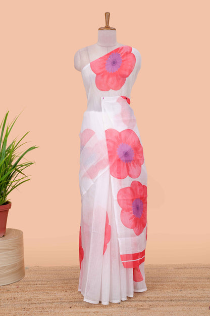 Borderless white linen cotton with pink floral print saree and contrast blouse