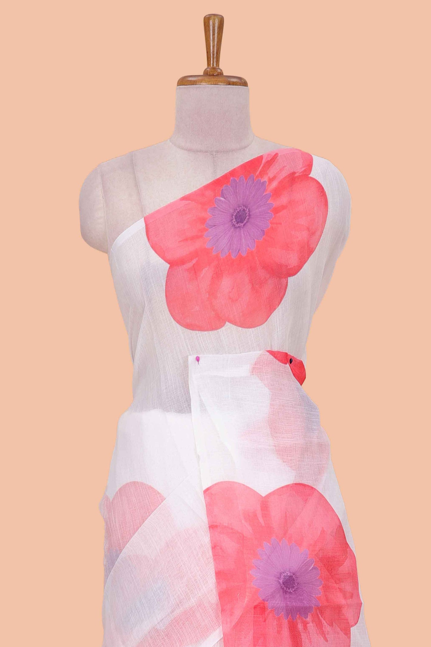 Borderless white linen cotton with pink floral print saree and contrast blouse