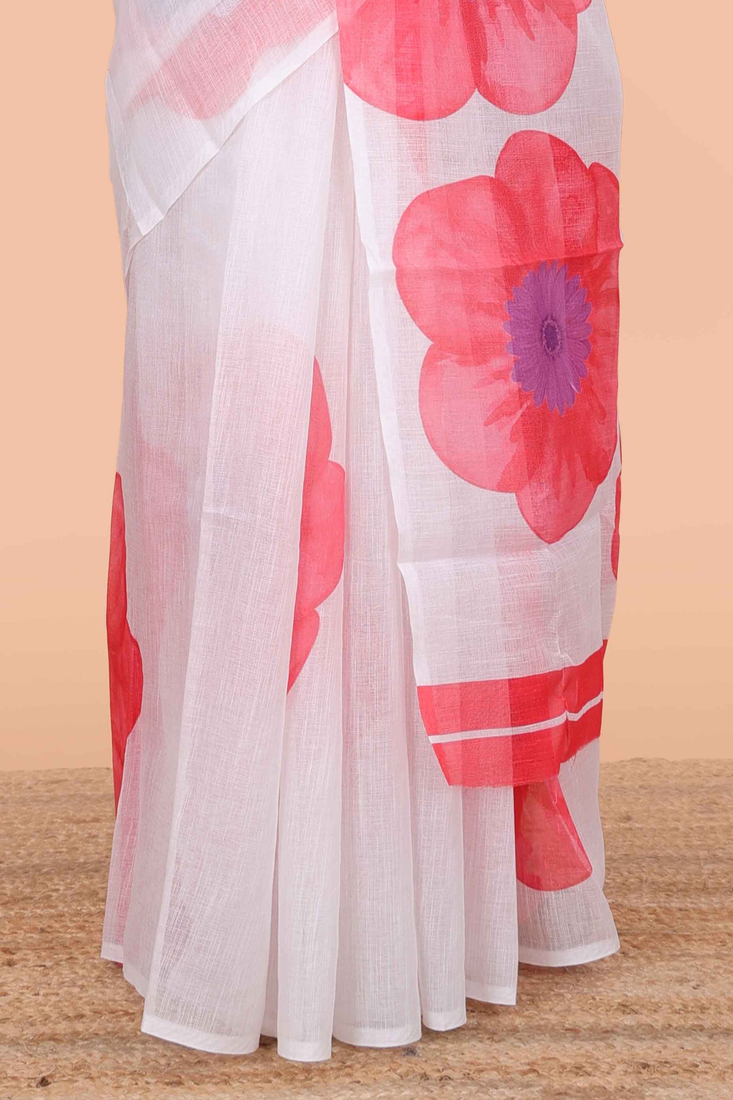 Borderless white linen cotton with pink floral print saree and contrast blouse