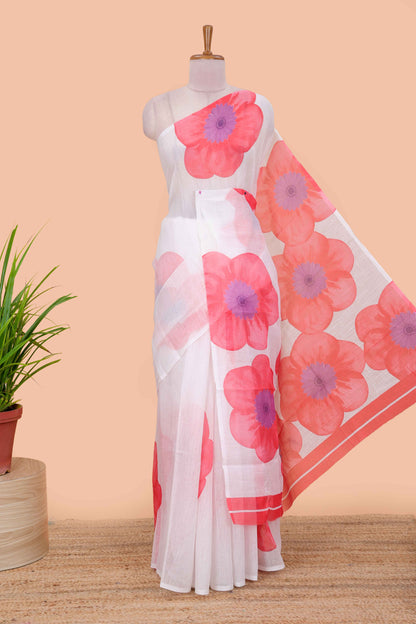 Borderless white linen cotton with pink floral print saree and contrast blouse