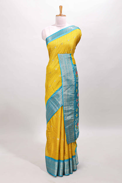 Yellow checked zari butta viscose dola silk saree with contrast zari border and ikkat style pallu
