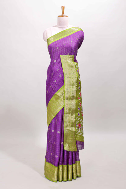 Violet checked zari butta viscose dola silk saree with contrast zari border and ikkat style pallu