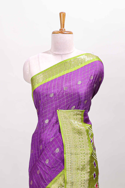 Violet checked zari butta viscose dola silk saree with contrast zari border and ikkat style pallu