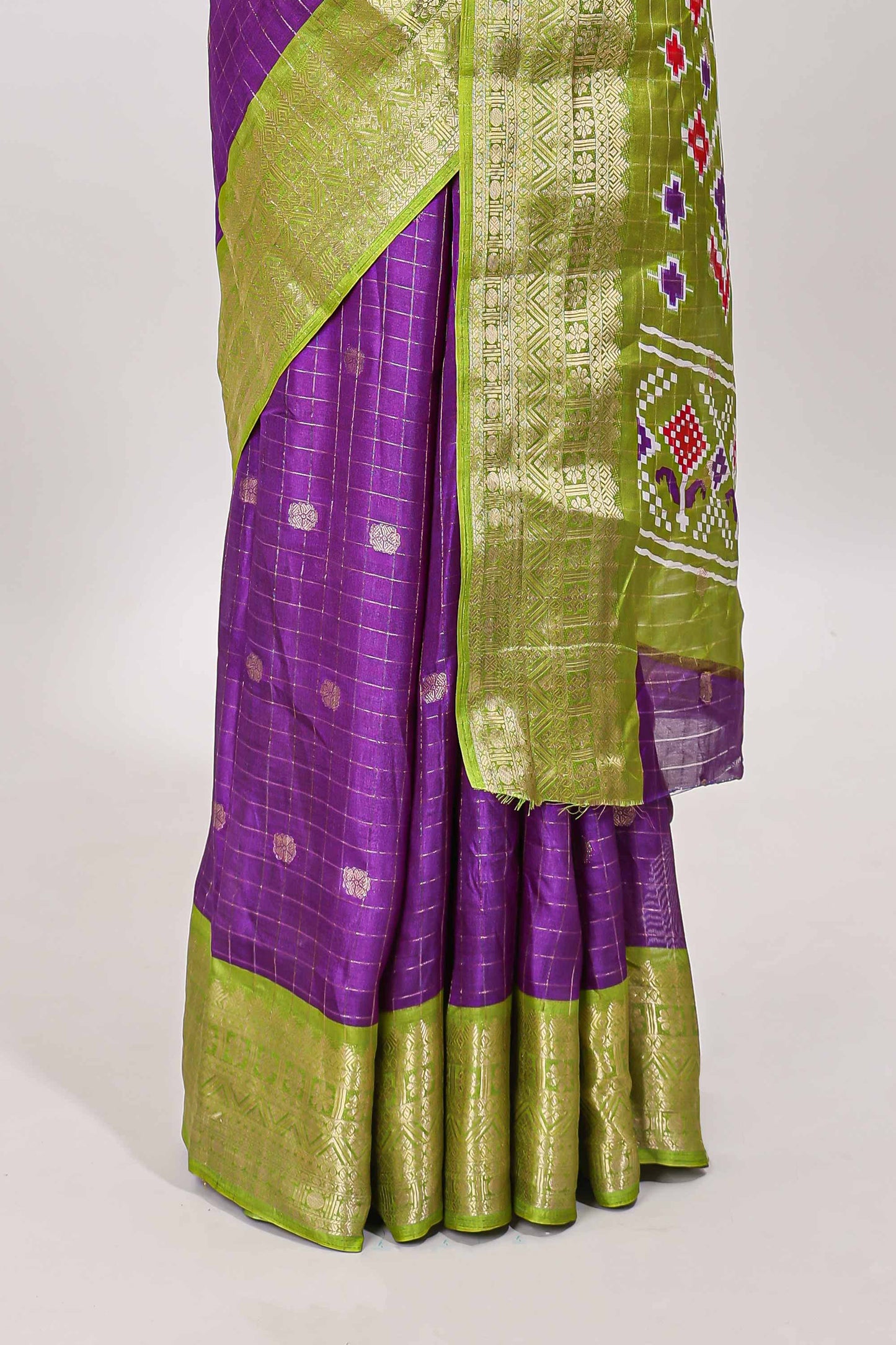 Violet checked zari butta viscose dola silk saree with contrast zari border and ikkat style pallu