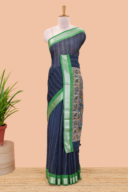 Dark blue linen cotton striped saree with contrast silver zari border and kalamkari pallu