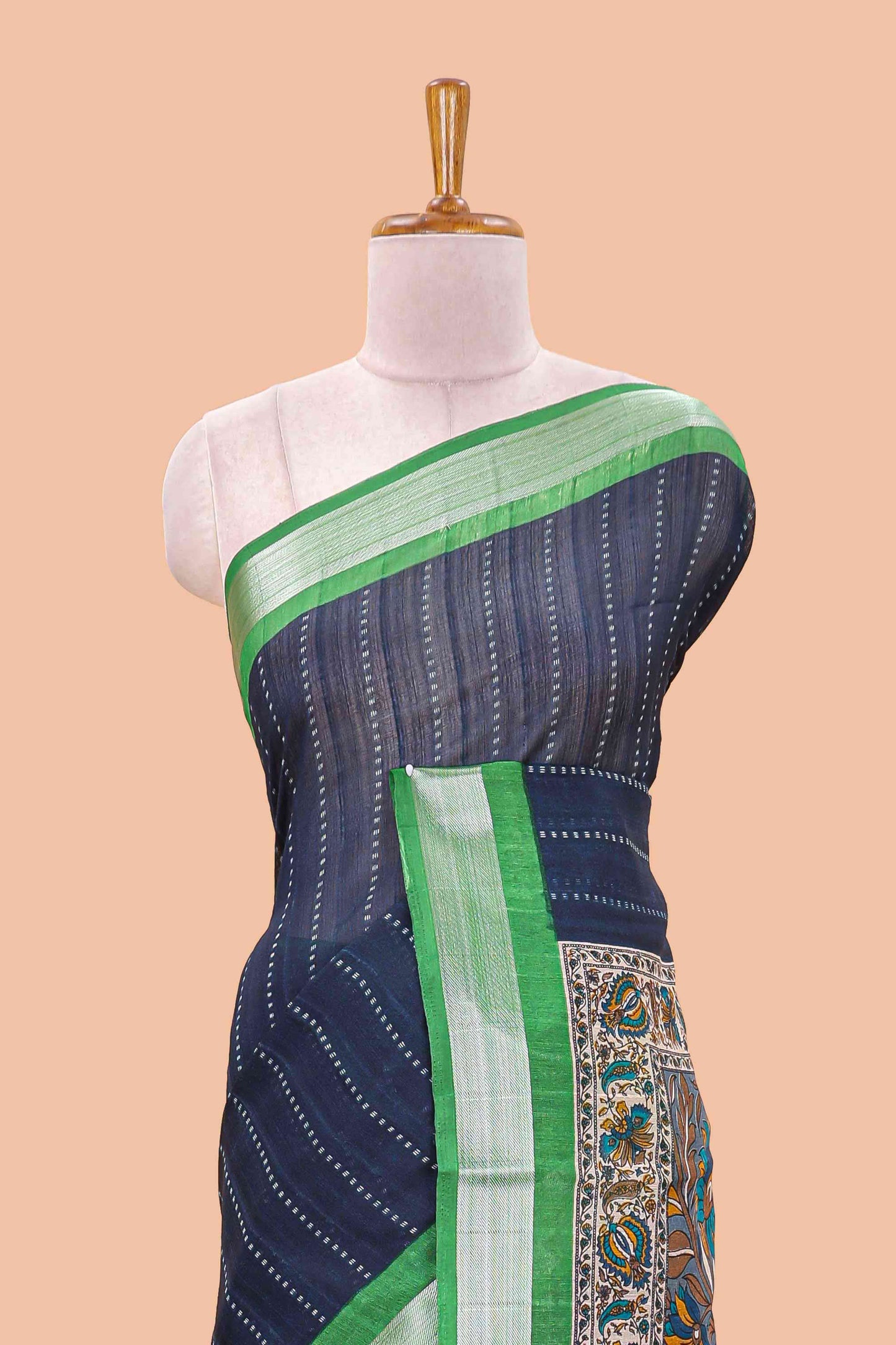 Dark blue linen cotton striped saree with contrast silver zari border and kalamkari pallu