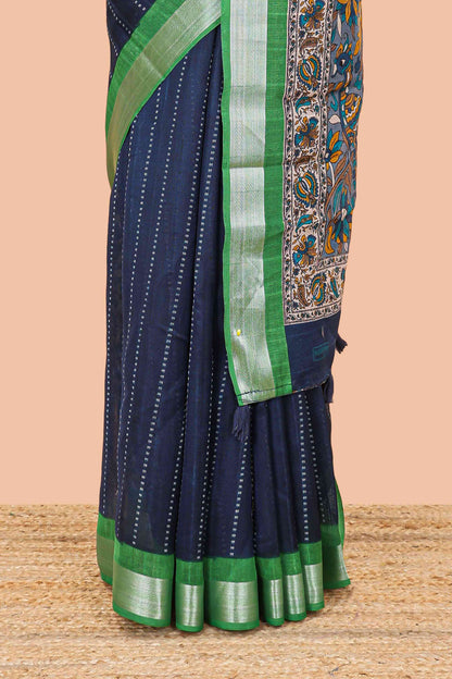 Dark blue linen cotton striped saree with contrast silver zari border and kalamkari pallu