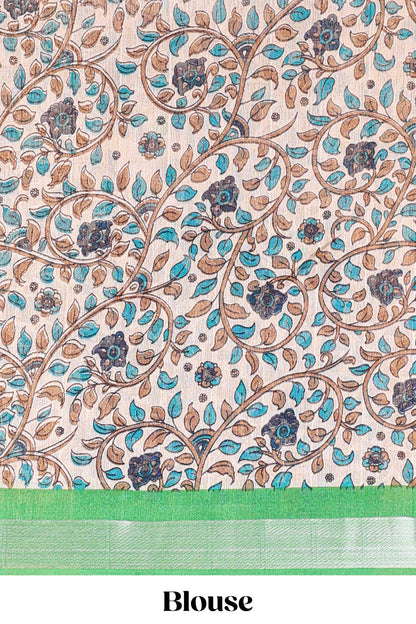 Dark blue linen cotton striped saree with contrast silver zari border and kalamkari pallu