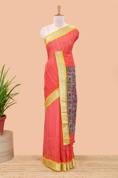Red linen cotton striped saree with contrast silver zari border and kalamkari pallu