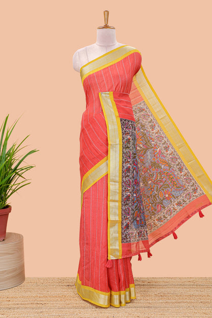 Red linen cotton striped saree with contrast silver zari border and kalamkari pallu