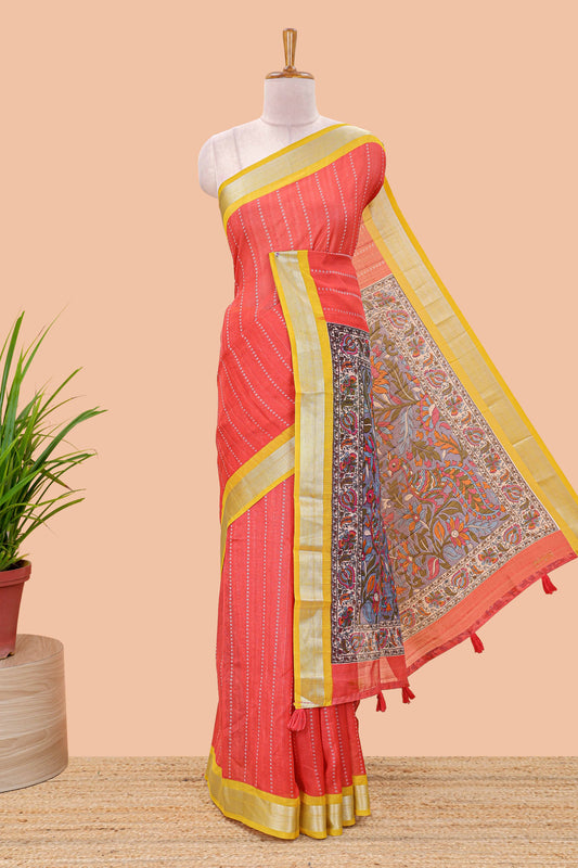 Red linen cotton striped saree with contrast silver zari border and kalamkari pallu