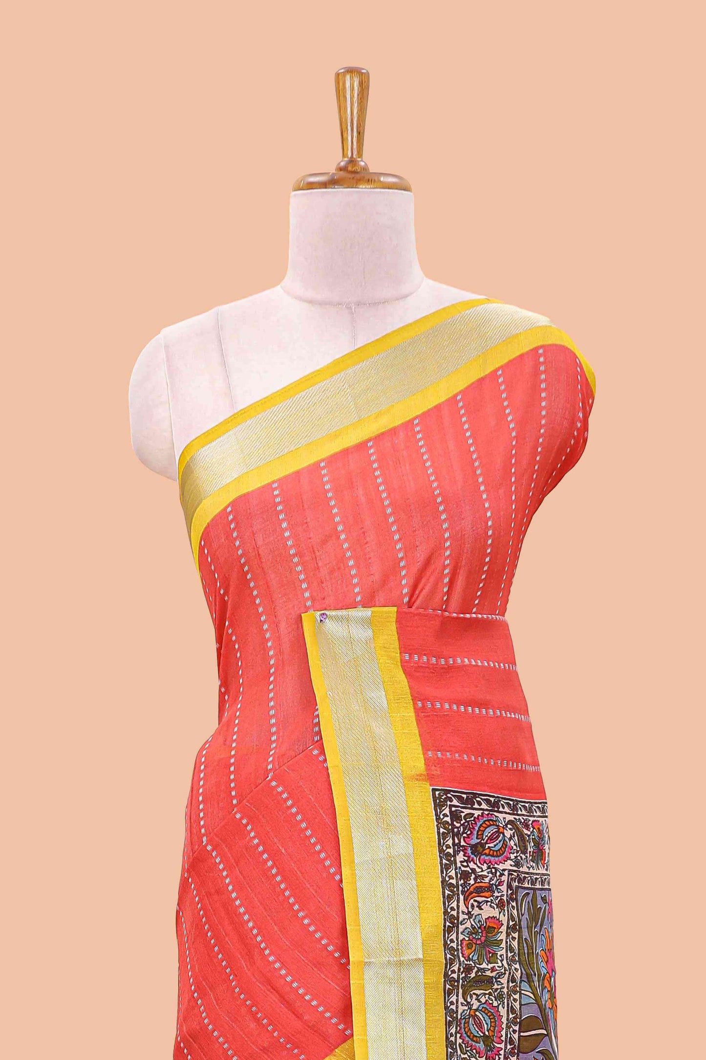 Red linen cotton striped saree with contrast silver zari border and kalamkari pallu