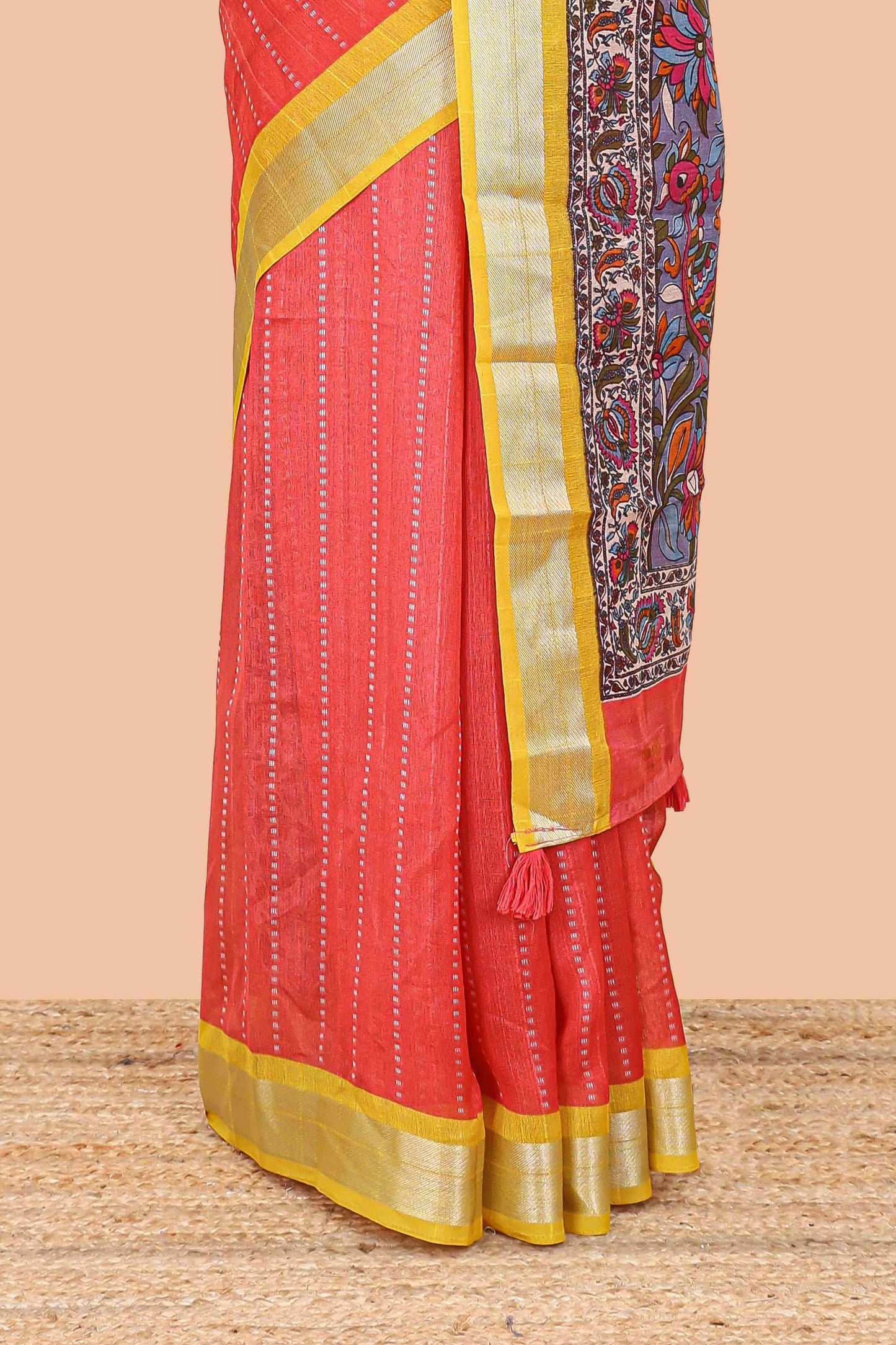 Red linen cotton striped saree with contrast silver zari border and kalamkari pallu
