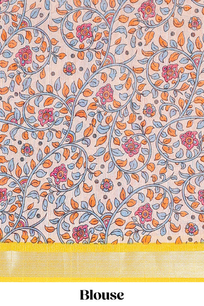 Red linen cotton striped saree with contrast silver zari border and kalamkari pallu