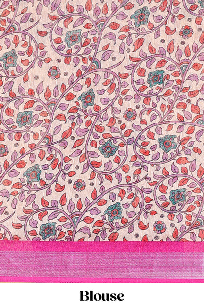 Pecock green linen cotton striped saree with contrast silver zari border and kalamkari pallu