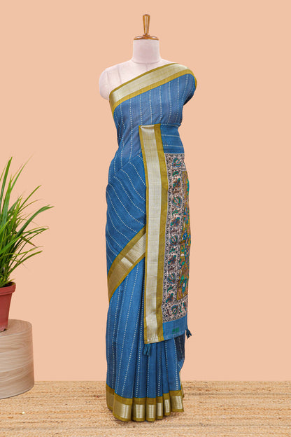 Blue linen cotton striped saree with contrast silver zari border and kalamkari pallu