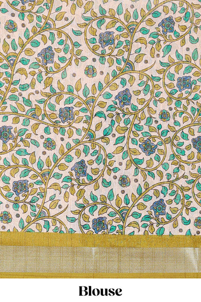 Blue linen cotton striped saree with contrast silver zari border and kalamkari pallu