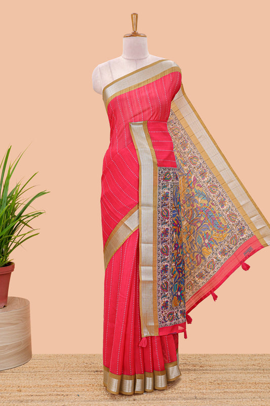 Pink linen cotton striped saree with contrast silver zari border and kalamkari pallu