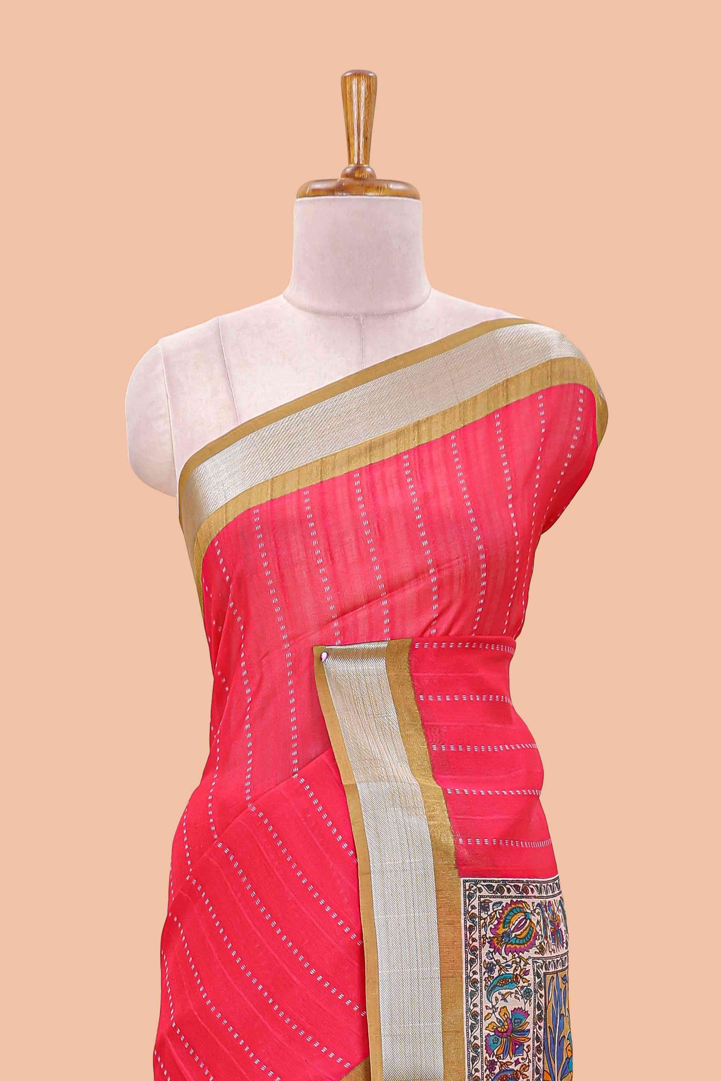 Pink linen cotton striped saree with contrast silver zari border and kalamkari pallu