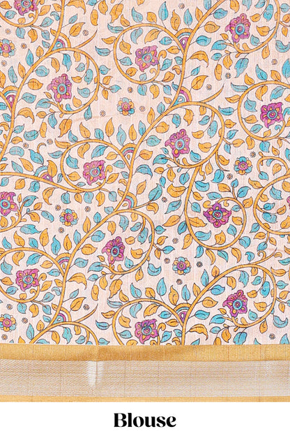 Pink linen cotton striped saree with contrast silver zari border and kalamkari pallu