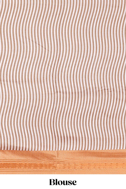 Beige tussar silk saree with chevron ikkat design and geometrical zari border and pallu