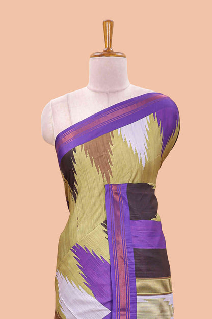 Green tussar silk saree with chevron ikkat design and geometrical zari border and pallu