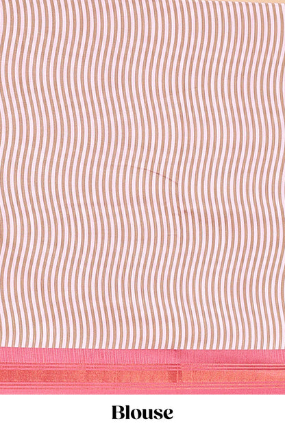 Pink tussar silk saree with chevron ikkat design and geometrical zari border and pallu