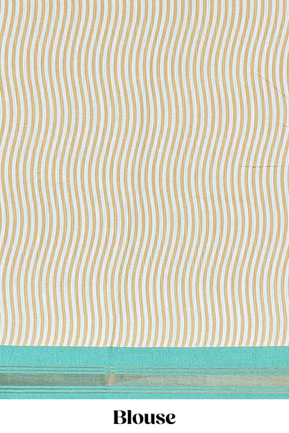 Green tussar silk saree with chevron ikkat design and geometrical zari border and pallu