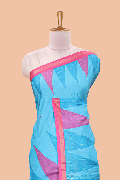 Blue semi tussar silk saree with all over paisley butta, geometric ikkat pattern and zari border