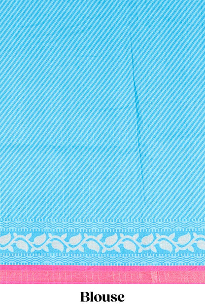 Blue semi tussar silk saree with all over paisley butta, geometric ikkat pattern and zari border