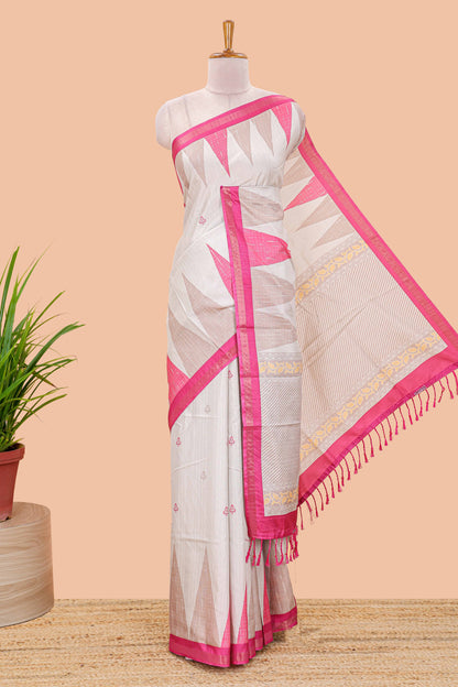 Sandal semi tussar silk saree with all over paisley butta, geometric ikkat pattern and zari border