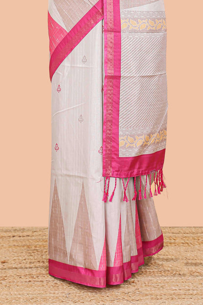Sandal semi tussar silk saree with all over paisley butta, geometric ikkat pattern and zari border
