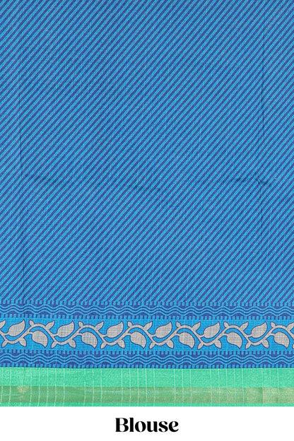 Blue semi tussar silk saree with all over paisley butta, geometric ikkat pattern and zari border