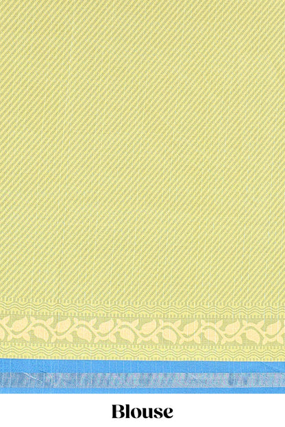 Green semi tussar silk saree with all over paisley butta, geometric ikkat pattern and zari border