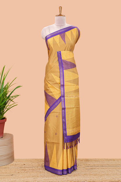 Orange semi tussar silk saree with all over paisley butta, geometric ikkat pattern and zari border